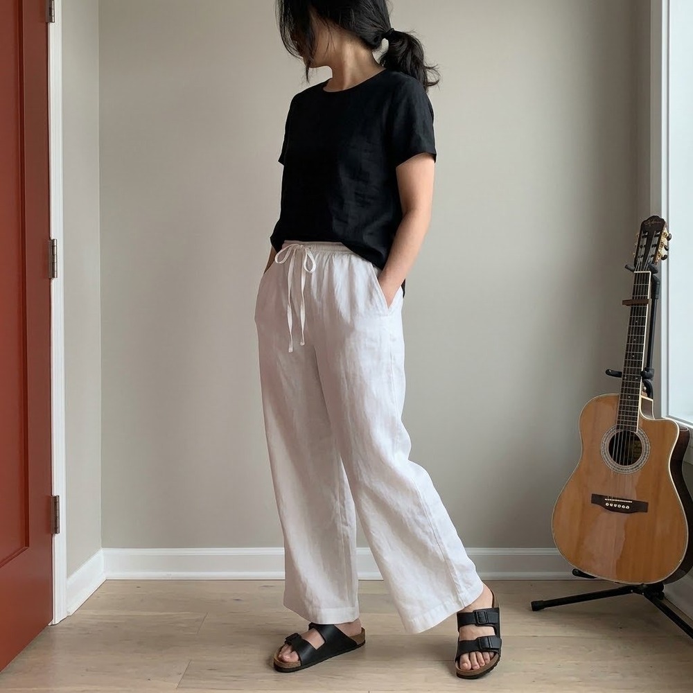Athleta White Linen Blend Wide Leg Drawstring Pants Tall Large L/T RN 54023